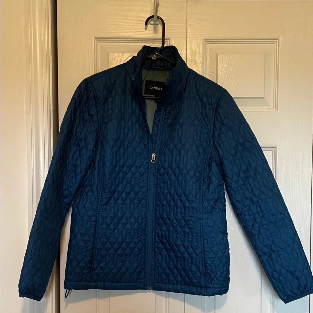 Lands’End sz S quilted deep teal jacket front pockets zip front adjustable waist - Picture 2 of 10